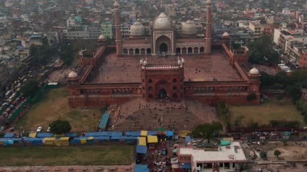 New Delhi India Jama Masjid Moskee Luchtfoto Drone Video — Stockvideo