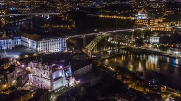 Notte Porto Portogallo Volo Drone Skyline Time Lapse — Video Stock