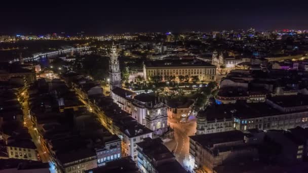 Noite Porto Portugal Tempo Fuso Horário Drone Aéreo — Vídeo de Stock