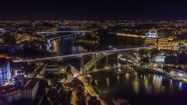 Notte Porto Portogallo Volo Drone Skyline Time Lapse — Video Stock