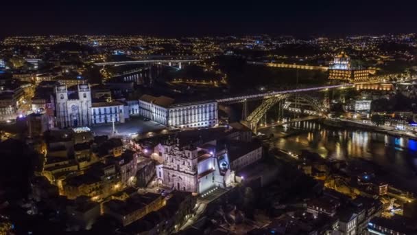 Night Porto Portugal Aerial Drone Skyline — Stock Video