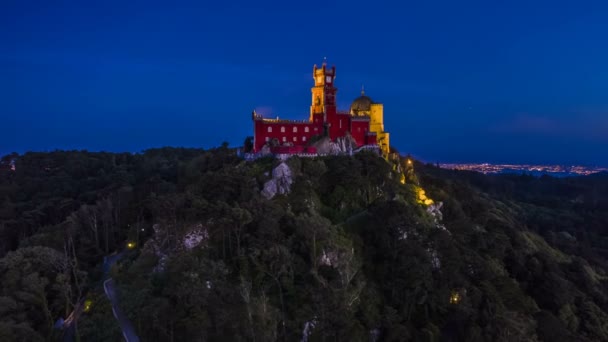 Pena Palace Sintra Sunset Portugal Air Drone View — стоковое видео