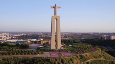 Lisbon, Portugal - May 22, 2018: Aerial 4k drone view Sanctuary of Christ the King, Cristo Rei