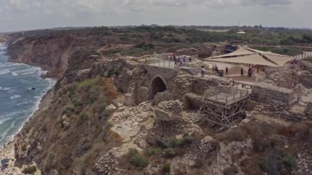 Crashing Waves Tourists Apollonia National Park Israel Aerial Drone View — Stock Video