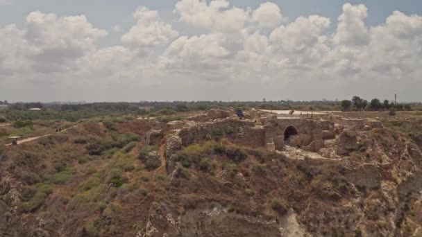 Crashing Waves Tourists Apollonia National Park Israel Aerial Drone View — Stock Video