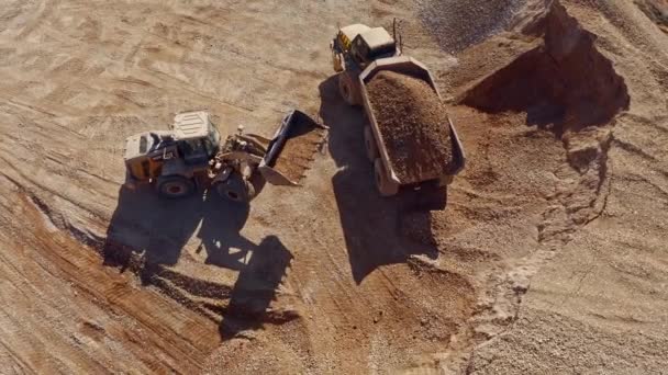 Heavy Tractor Moving Rocks Construction Site Aerial Drone View — Stock Video