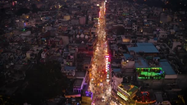 Delhi India Main Bazaar Nacht Luchtmacht Drone — Stockvideo
