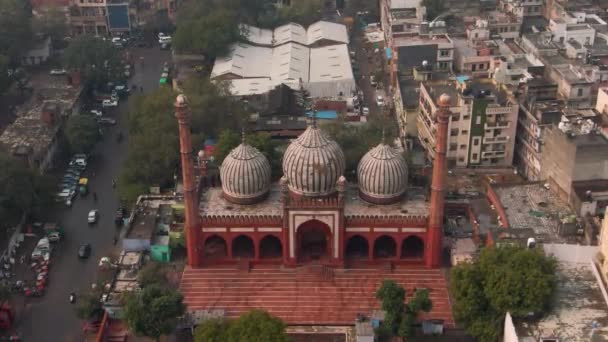 インドのニューデリー Jama Masjid モスク4K空中ドローンビデオ — ストック動画