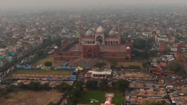 インドのニューデリー Jama Masjid モスク4K空中ドローンビデオ — ストック動画