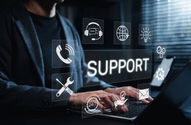 Technical Support and Customer Service Concept. Person using laptop with icons for phone, chat, email, tools, and 24/7 service, representing technical support, IT helpdesk, customer service assistance