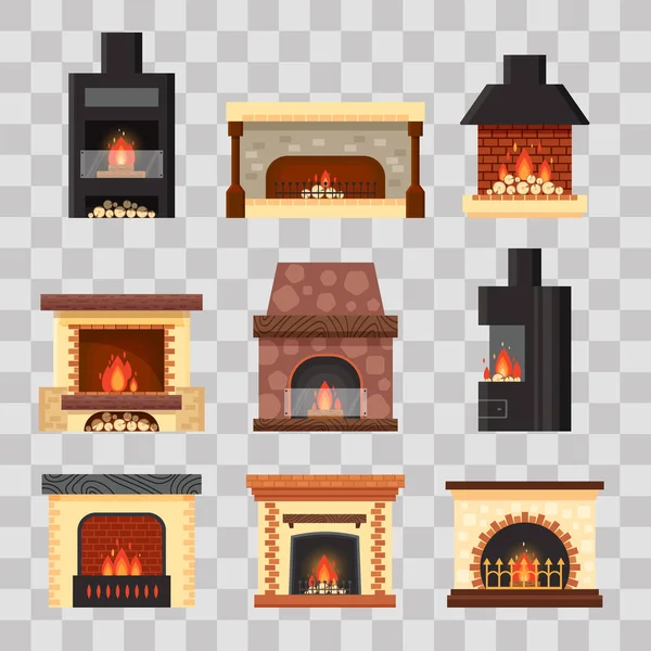 Vector establecer diferentes chimeneas hogar de colores con fuego y leña sobre fondo transparente. Elementos de diseño para interiores de habitación en estilo plano - ilustración de stock — Vector de stock