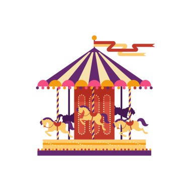 Beyaz arka plan üzerinde izole düz stil öğesinde eğlence parkı renkli carousel ile at nalı. Çocuk s eğlence, atlı karınca, lunapark karnaval vektör çizim
