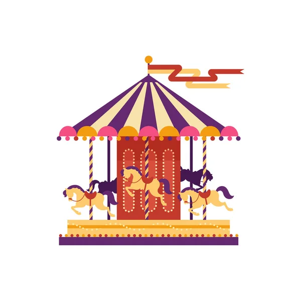 Carrusel colorido con caballos, elemento del parque de atracciones en estilo plano aislado sobre fondo blanco. Animación de los niños, carrusel alegre, ilustración del vector del carnaval del funfair — Vector de stock