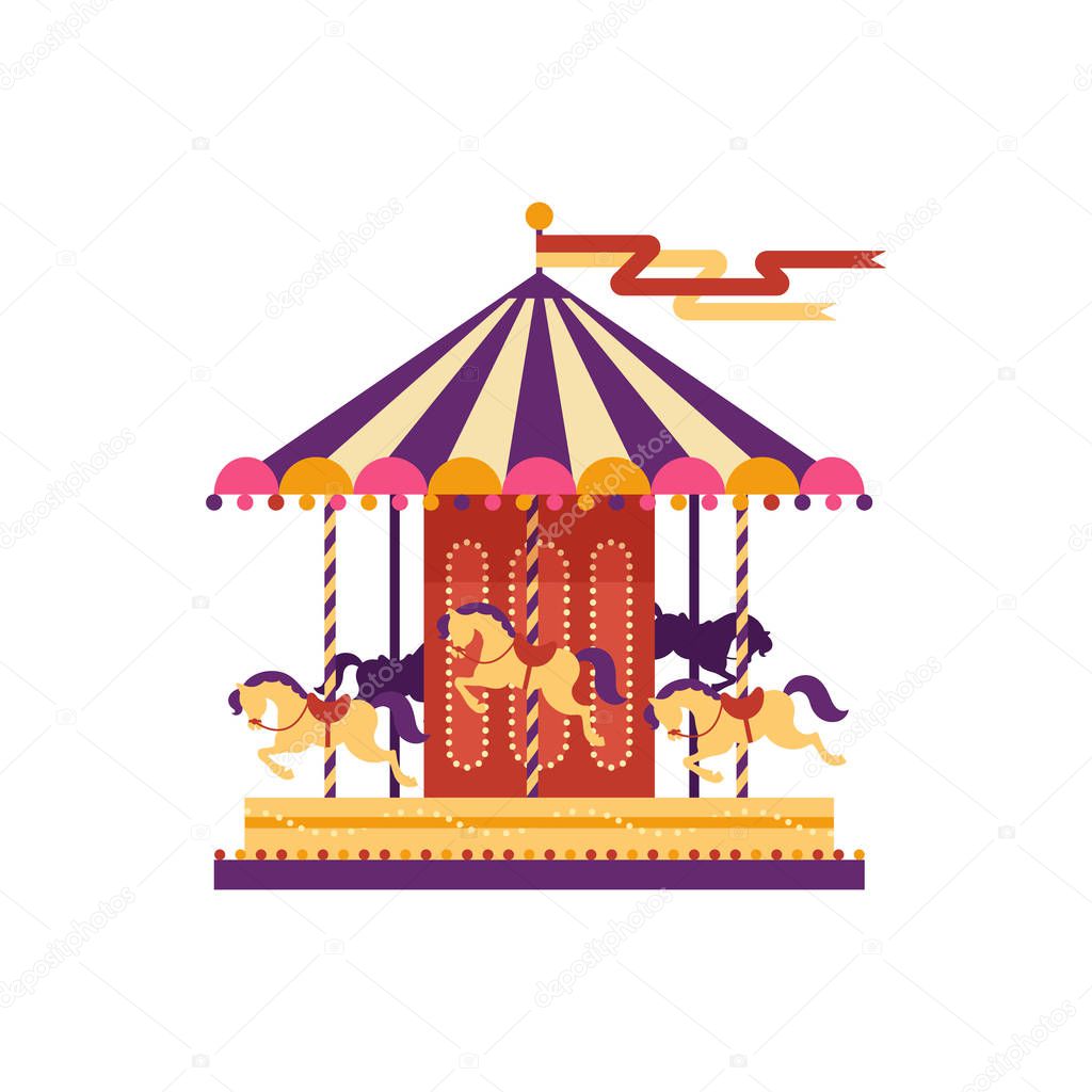 Colorful carousel with horses, amusement park element in flat style isolated on white background. Children s entertainment, merry-go-round, funfair carnival vector illustration.