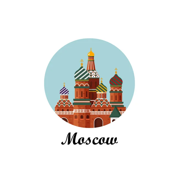 Bienvenido a Rusia. St. Catedral de Basilio en la Plaza Roja. Palacio del Kremlin en círculo - vector stock ilustración plana. Moscú ciudad, diseño del paisaje . — Vector de stock