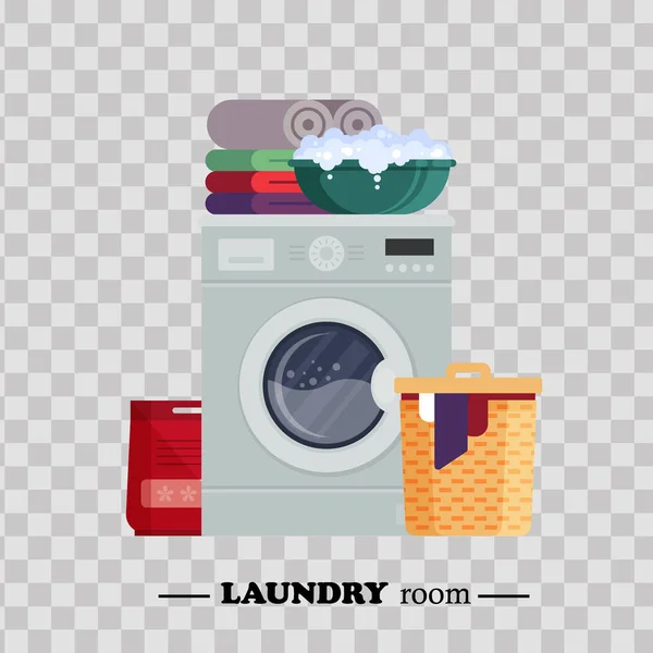 Tvättstuga med tvättmaskin, pulver, korg, bassäng, underkläder på transparent bakgrund. Hushållsutrustning för tvätt - platta vektorillustration — Stock vektor