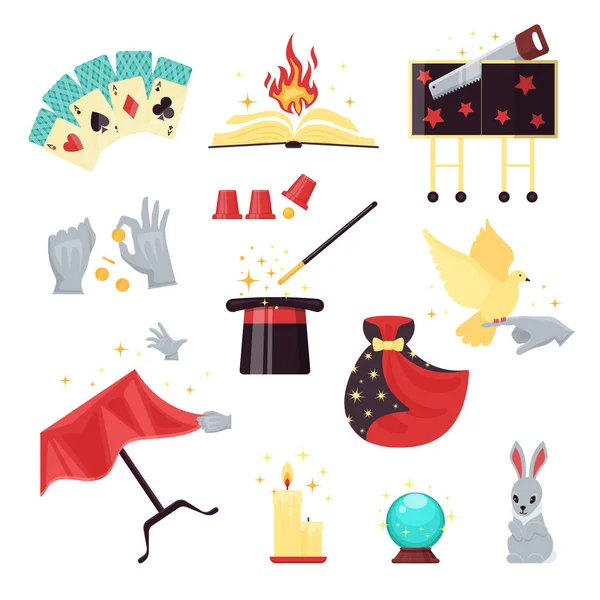 Magic show elements set with playing cards, burning book, hat, stick, dove, candle, rabbit isolated on white background. Magical equipment collection vector illustration — Stock Vector