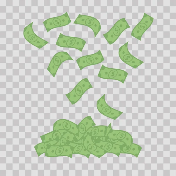 Χρήματα τραπεζογραμματίων σε διαφανές φόντο. Πέφτει πράσινο δολάρια, γραμμάτια μύγα - επίπεδη διανυσματικά εικονογράφηση — Διανυσματικό Αρχείο