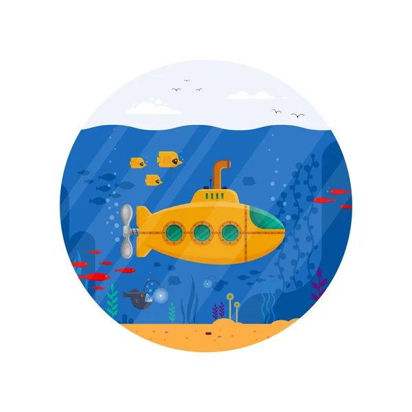 Gelbes U-Boot mit Periskop-Unterwasserkonzept im Kreis. Meereslebewesen mit Fischen, Korallen, Algen, bunten blauen Meereslandschaften. bathyscaphe template - flache Vektorillustration — Stockvektor