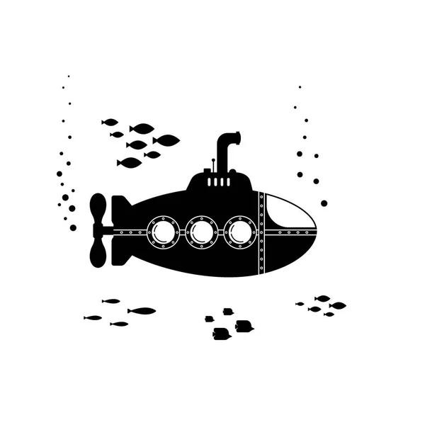 Submarino silhueta preta com periscópio conceito subaquático. Vida marinha com peixes, modelo de bathyscaphe - ilustração vetorial plana — Vetor de Stock