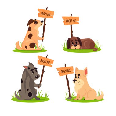 Beni evsiz köpek evlat edinmek bir posteri ile oturan kümesi. Dont al - yardım evsiz hayvanları bulmak bir ev, üzgün kukla seti, evde beslenen hayvan evlat edinmek - vektör çizim.