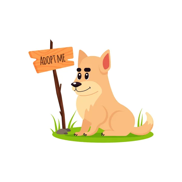 Assis chien sans abri avec une affiche Adoptez-moi. N'achetez pas - aidez les animaux sans abri à trouver un foyer, un chiot triste, une adoption d'animal de compagnie - illustration vectorielle . — Image vectorielle