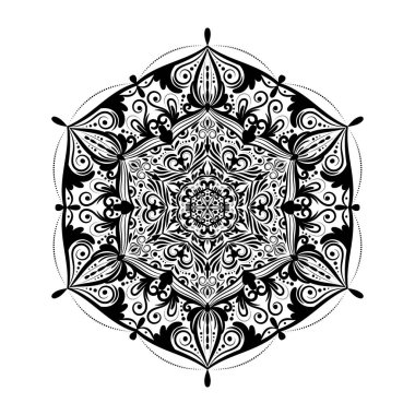 Tek renkli mandala doodle boho stil öğe. Dekoratif yuvarlak desen, dantel peçete vektör çizim çiçek mandala, etnik süsleme