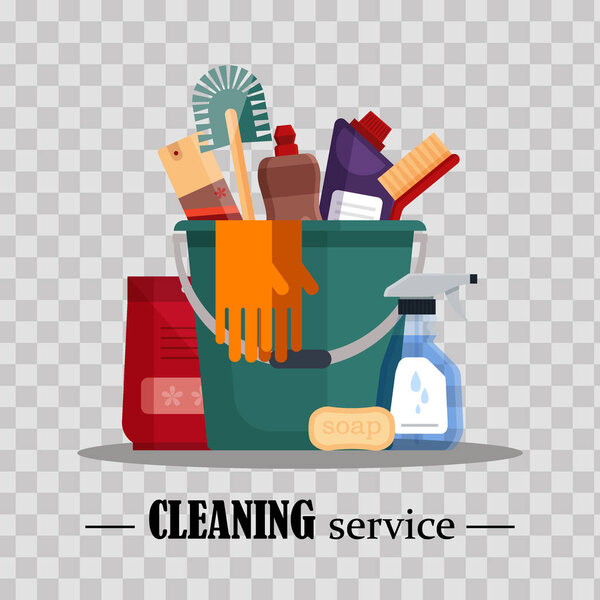 Cleaning service. Set house cleaning tools in bucket on transparent background. Detergent and disinfectant products, household equipment - flat vector illustration