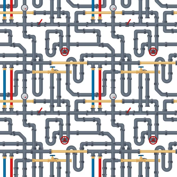 Fundo sem costura com tubos e dutos em branco. Elementos planos de tubulação de água. Encanamento de gás, indústria petrolífera. Ilustração vetorial em estilo plano —  Vetores de Stock