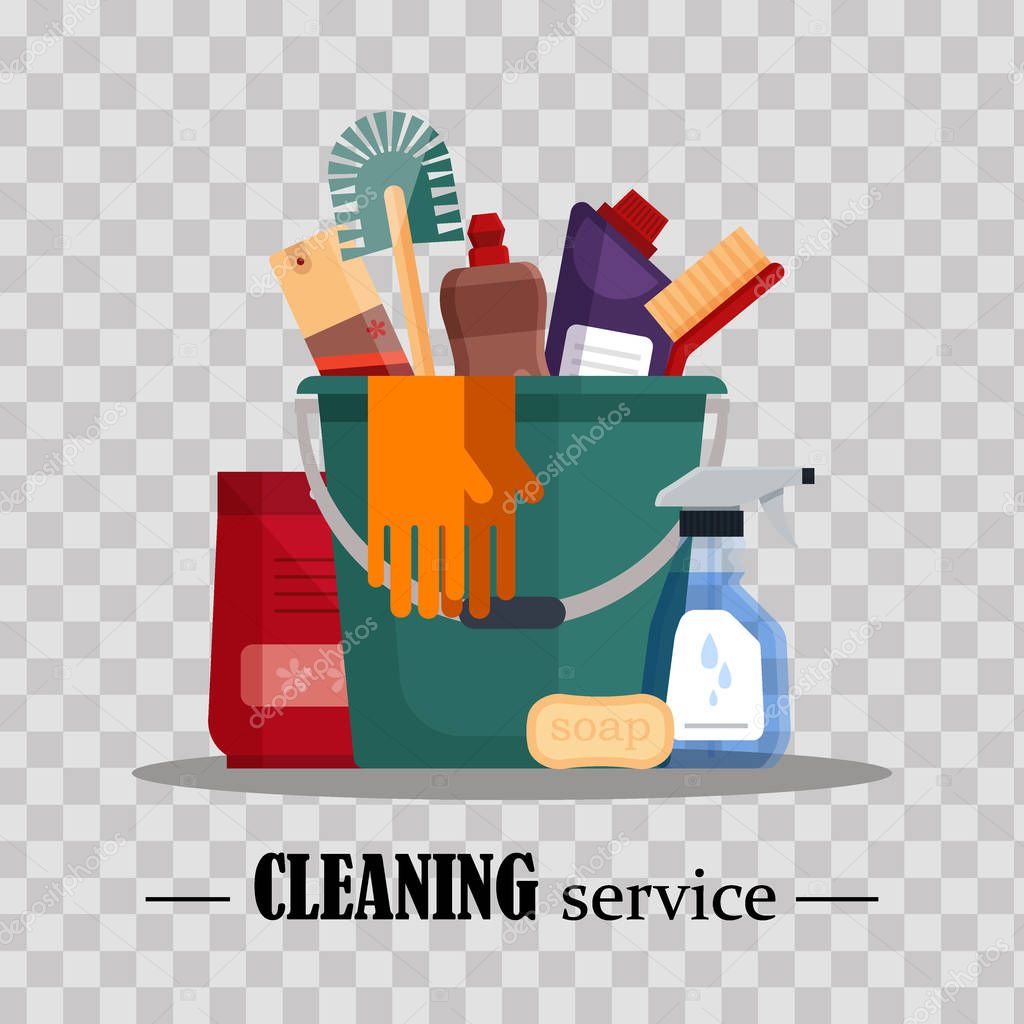 Cleaning service. Set house cleaning tools in bucket on transparent background. Detergent and disinfectant products, household equipment - flat vector illustration.