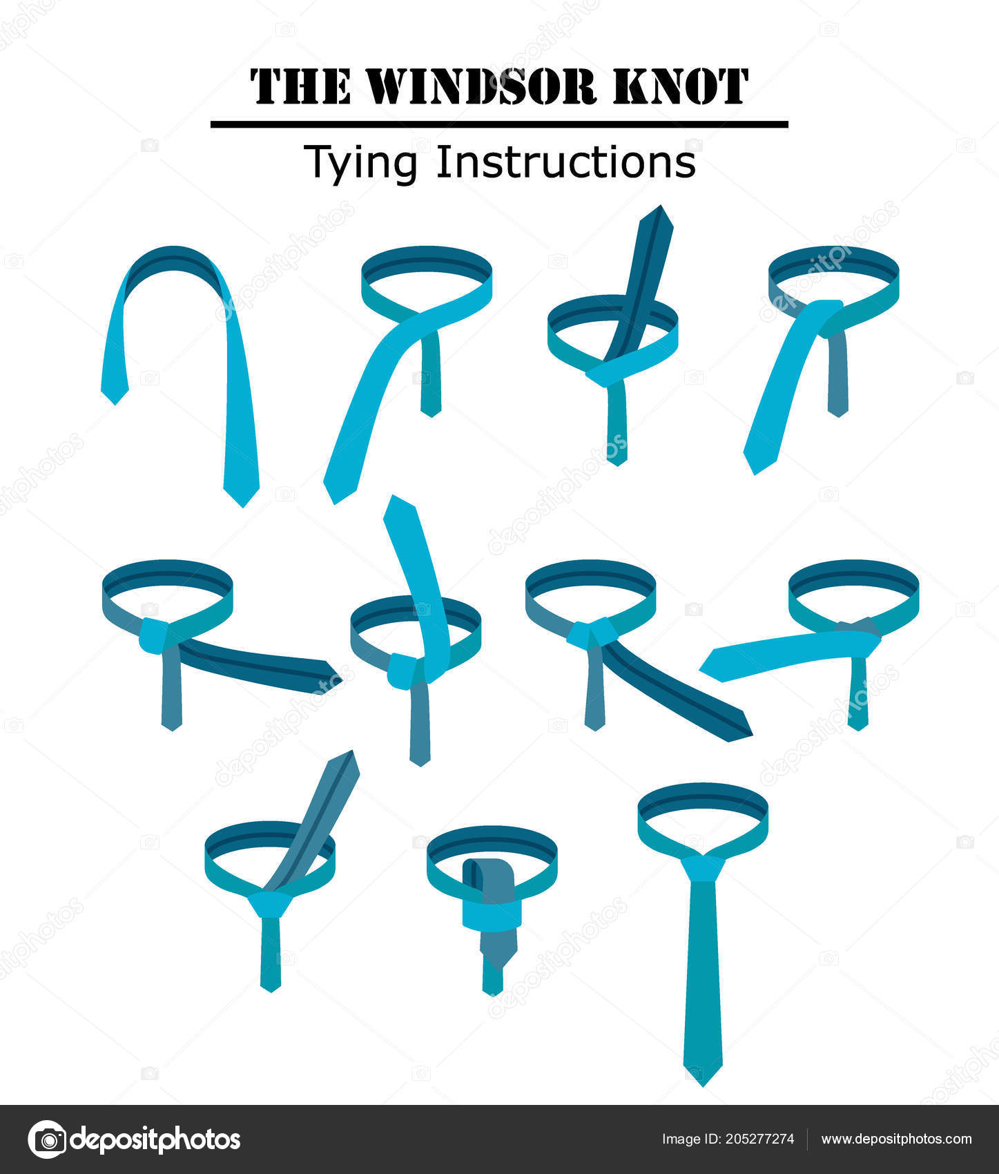 The windsor tie knot instructions isolated on white background. Guide