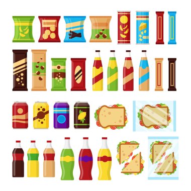 Aperatif ürün satış makinesi için ayarla. Fast food aperatifler, içecekler, kuruyemiş, cips, kraker, suyu, sandviç satıcı makine üzerinde izole beyaz arka plan bar için. Düz illüstrasyon vektör