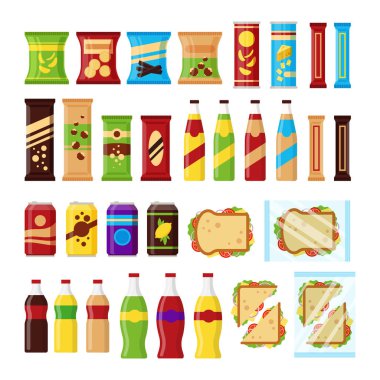 Snack product set for vending machine. Fast food snacks, drinks, nuts, chips, cracker, juice, sandwich for vendor machine bar isolated on white background. Flat illustration in vector clipart