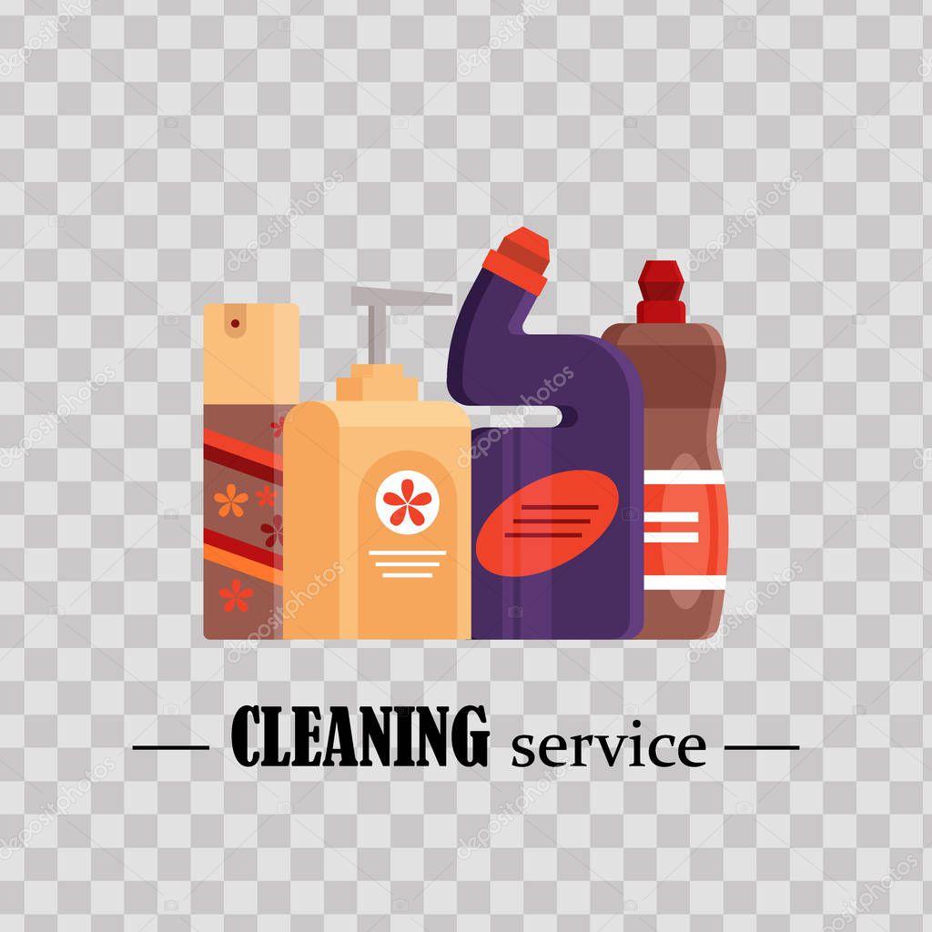 Cleaning service. Set house cleaning tools on transparent background. Detergent and disinfectant products, household equipment for washing - flat vector illustration.