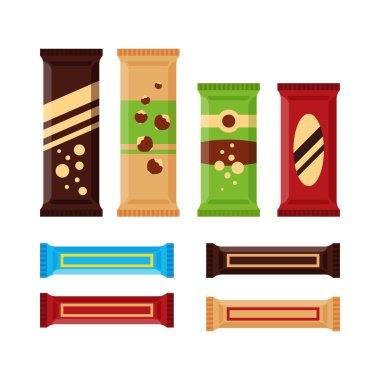 Renkli çikolata kümesi simgeleri beyaz arka plan üzerinde izole barlar. Çikolata ürün, düz stil .satış makinesi teklerse için protein bar