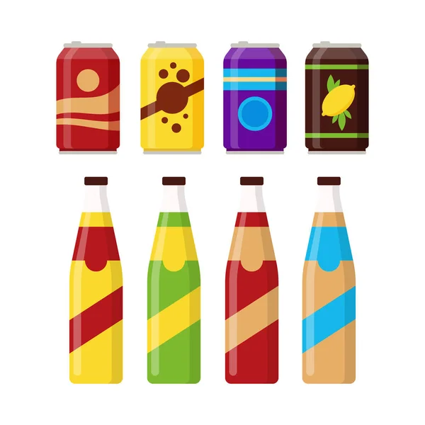 一套五颜六色的软饮料在玻璃瓶和铝罐隔绝白色背景 不同的冷饮 碳酸水与风味 汽水罐的自动售货机 平面矢量 — 图库矢量图片