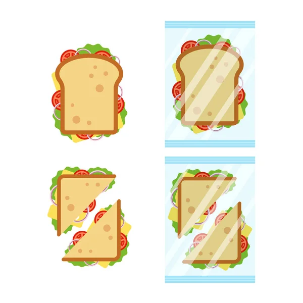 Set de bocadillos vista superior con tomate, cebolla, ensalada, queso aislado sobre fondo blanco. Triángulo sándwich y rectángulo en embalaje transparente, snack para desayuno y almuerzo, vector plano — Vector de stock