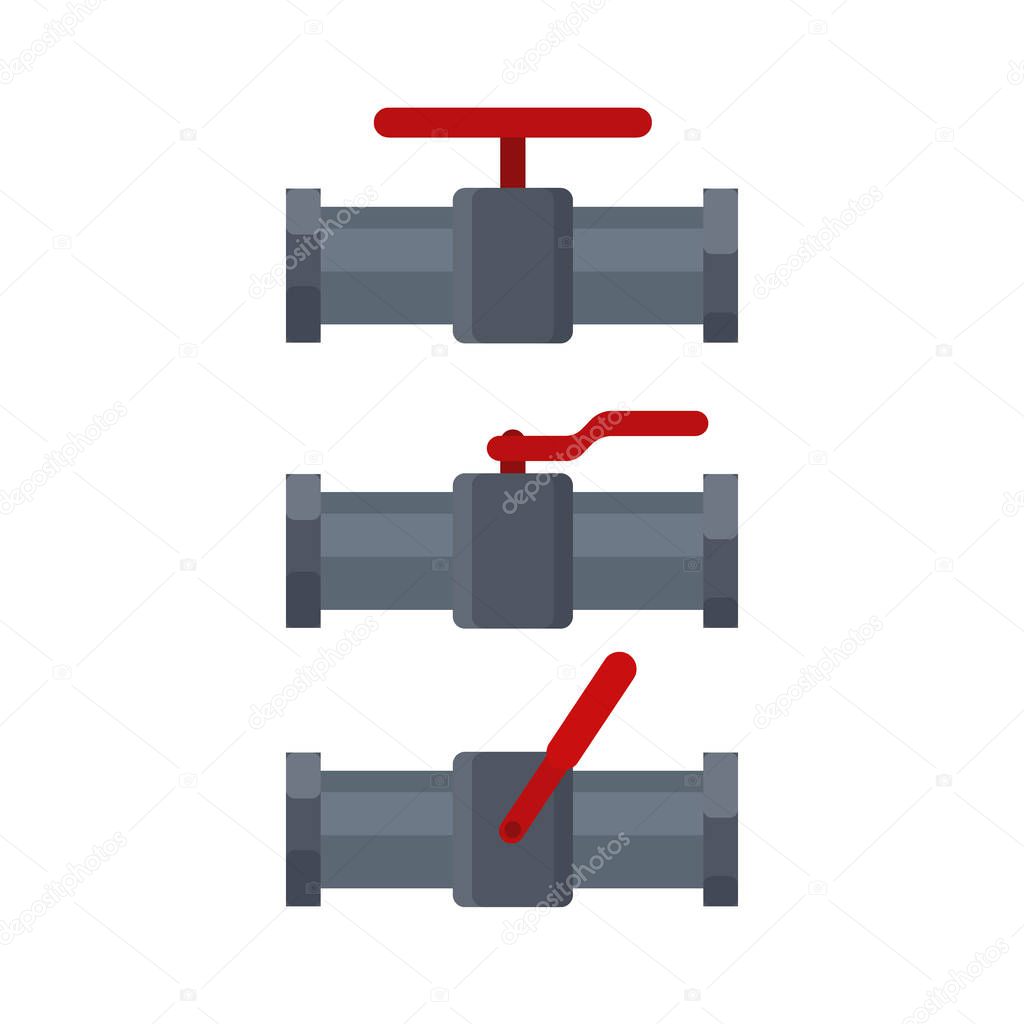 Set of pipelines faucets isolated on white background. Flat elements of water tubing. Plumbing fo gas, oil industry, water pipes sewage. Vector illustration in flat style