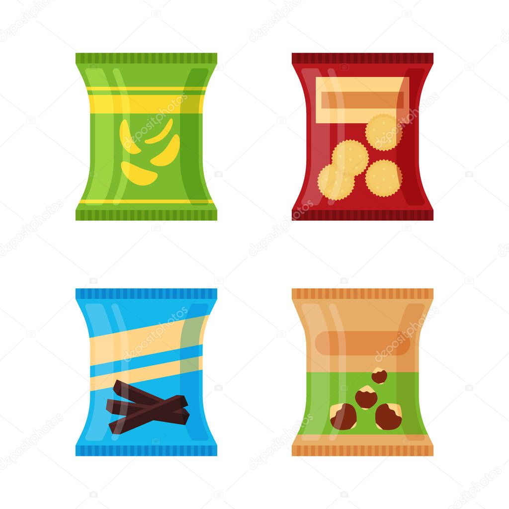Set of different snacks - salty chips, cracker, chocolate sticks, nuts isolated on white background. Product for vending machine. Flat illustration in vector.