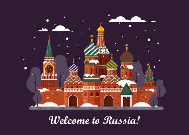 Rusya hoş geldiniz. Aziz Basil s Cathedral Red meydanında. Kremlin palace - vektör hisse senedi düz çizim. Kış gece peyzaj tasarımı