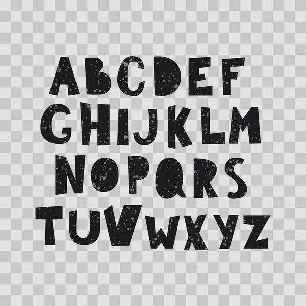 Vector cartoon alfabet met splash op transparante achtergrond. Brieven in zwarte kleur, de hand getekende lettertype vlakke stijl illustratie — Stockvector