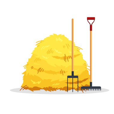 Beyaz arka plan üzerinde izole saman balya. Düz Kurutulmuş saman çatal ve Komisyon, tarım haymow bale samanlık, tarım kırsal haycock - vektör çizim ile