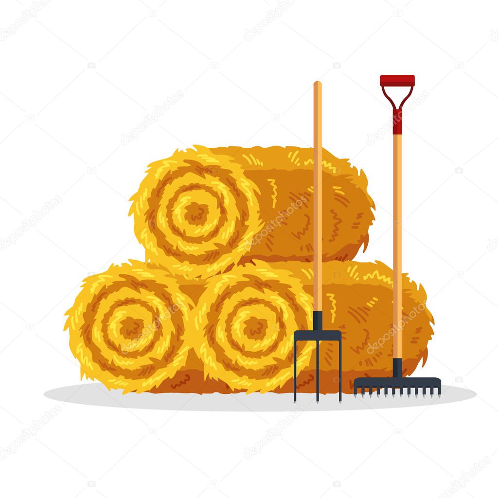 Bale of hay isolated on white background. Flat dried haystack with forks and rake, farming haymow bale hayloft, agricultural rural haycock - vector illustration