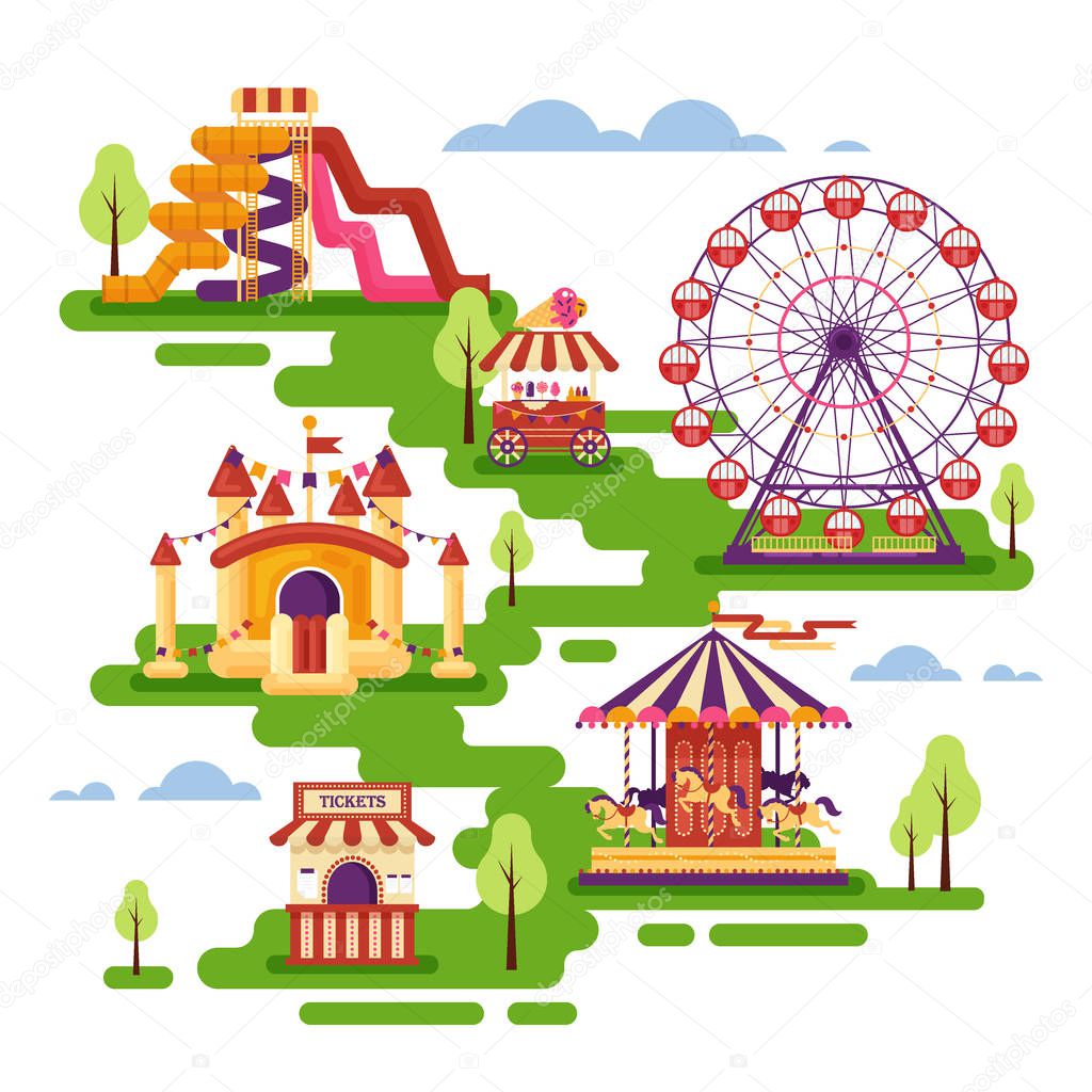Amusement park flat elements with carousels, waterslides, balloons, inflatable trampoline castle, ferris wheel, mobile kiosk with sweets. Set family attractions for invitational cards, banners.