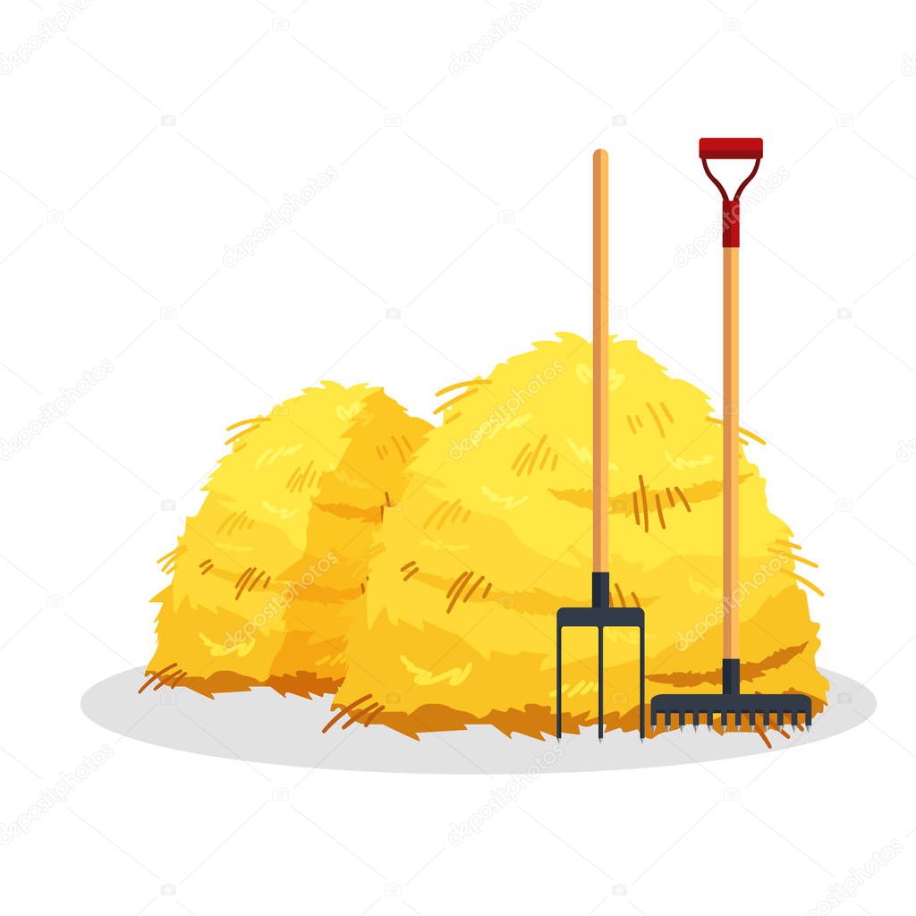 Bale of hay isolated on white background. Flat dried haystack with forks and rake, farming haymow bale hayloft, agricultural rural haycock - vector illustration
