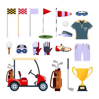 Golf ekipman simgesi logoda beyaz arka plan üzerinde izole düz stil kümesi. Giysi ve aksesuarları için Golf, spor oyunu. Golf club, şampiyonluk, kurs ve okul için simgeler koleksiyonu.
