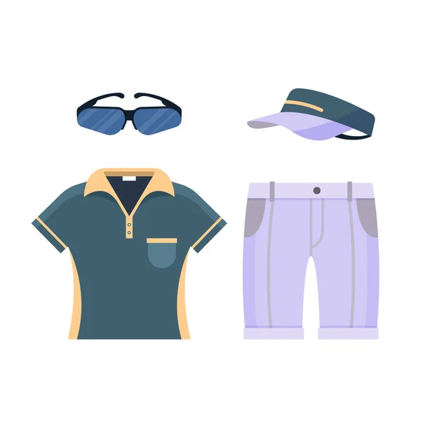 Ensemble uniforme de golf icône de vêtements isolés sur fond blanc, éléments plats pour le golf tels que lunettes, chemise, shorts et casquette, équipement de golf illustration vectorielle . — Image vectorielle