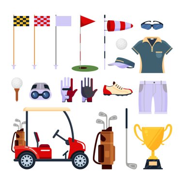 Golf ekipman simgesi logoda beyaz arka plan üzerinde izole düz stil kümesi. Giysi ve aksesuarları için Golf, spor oyunu. Golf club, şampiyonluk, kurs ve okul için simgeler koleksiyonu.