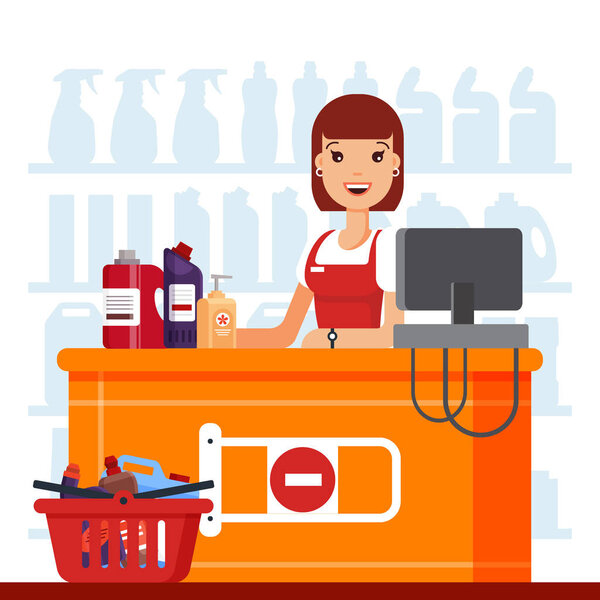 Woman cashier in supermarket with household chemicals. Seller at the counter, household supplies aisle, cleaning agents in the store used for washing, cleaning, laundry - flat vector illustration
