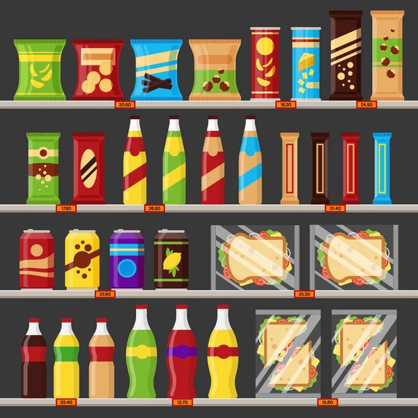 Supermarkt, Regale mit Lebensmitteln. Fast-Food-Snacks und Getränke mit Preisschildern auf den Regalen - flache Vektorillustration — Stockvektor